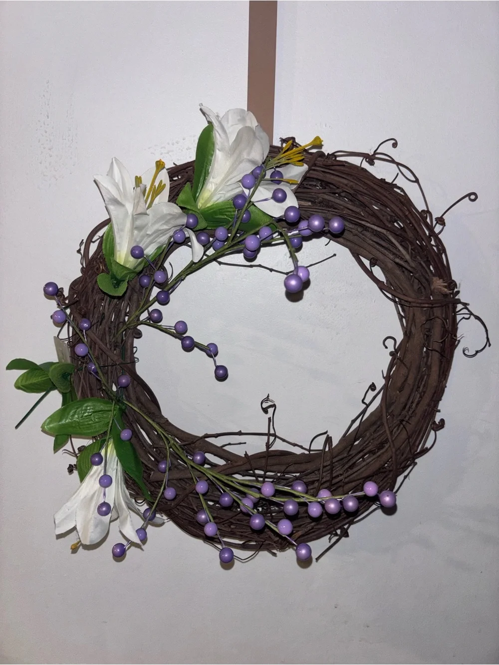 White Lily and Purple Berry Grapevine Wreath - Home Holiday Decor